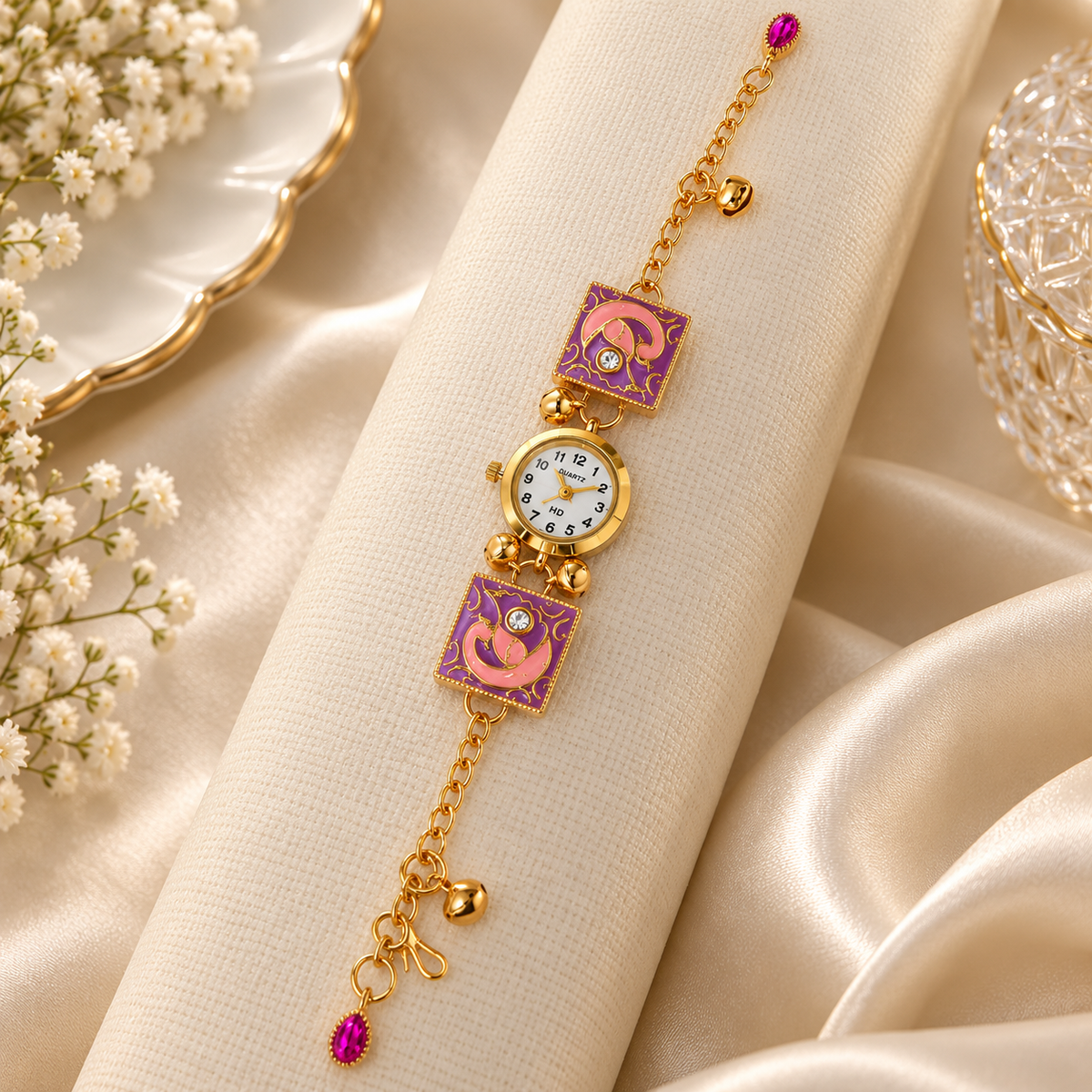 Women's Analog Quartz Decorative Ethnic Wrist Watch Gold Tone with Purple Pink Embellished Design