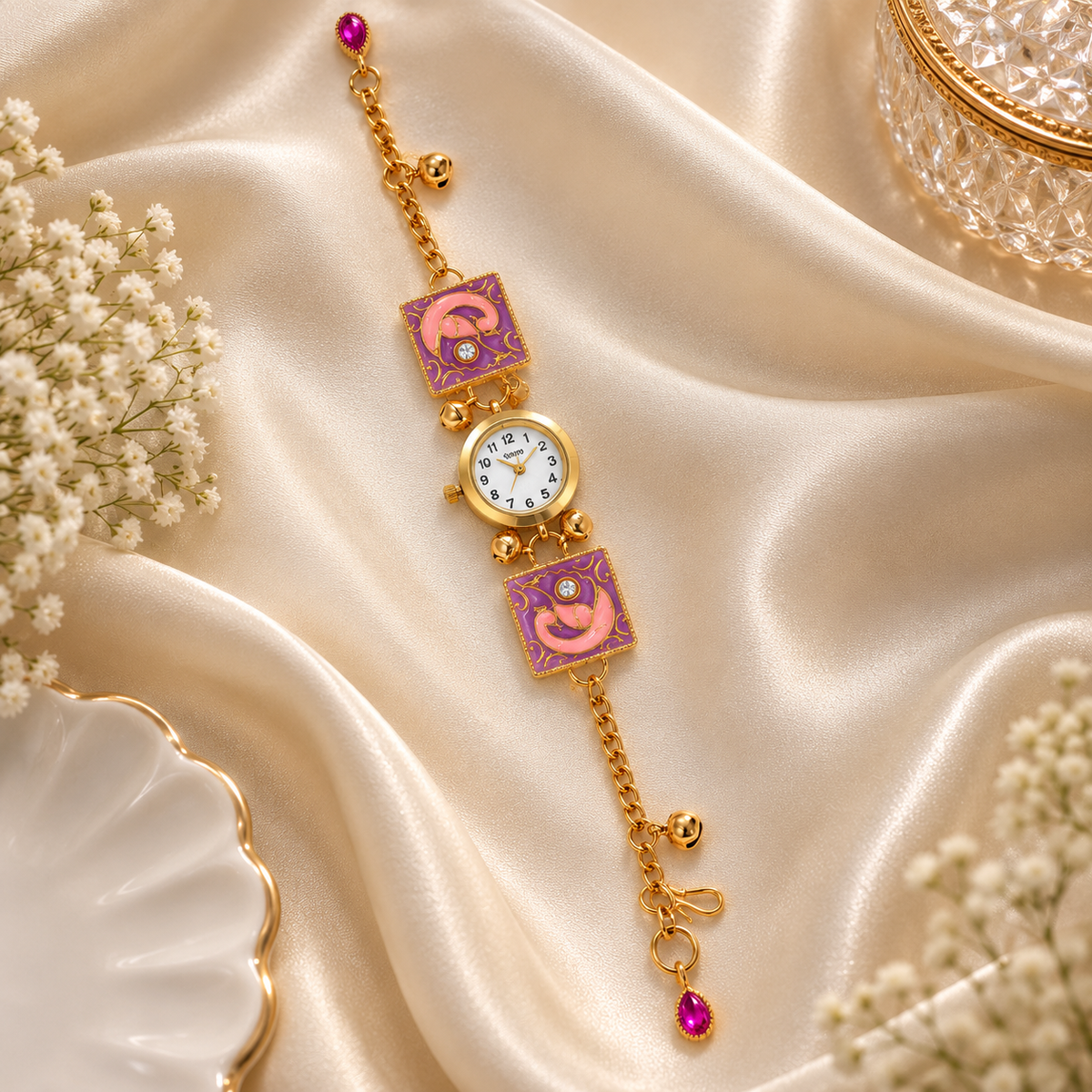 Women's Analog Quartz Decorative Ethnic Wrist Watch Gold Tone with Purple Pink Embellished Design