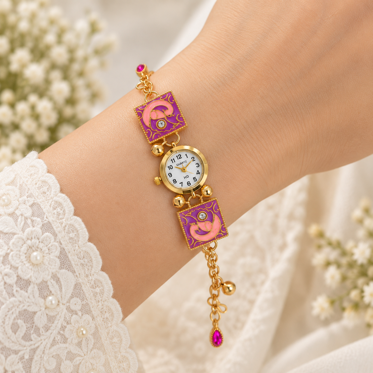 Women's Analog Quartz Decorative Ethnic Wrist Watch Gold Tone with Purple Pink Embellished Design