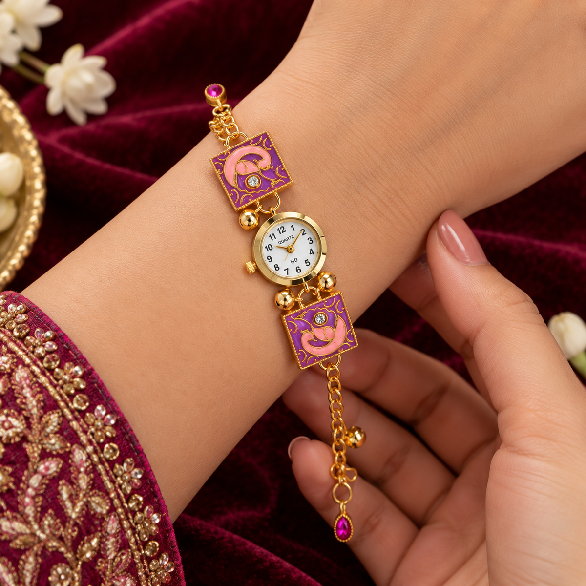 Women's Analog Quartz Decorative Ethnic Wrist Watch Gold Tone with Purple Pink Embellished Design