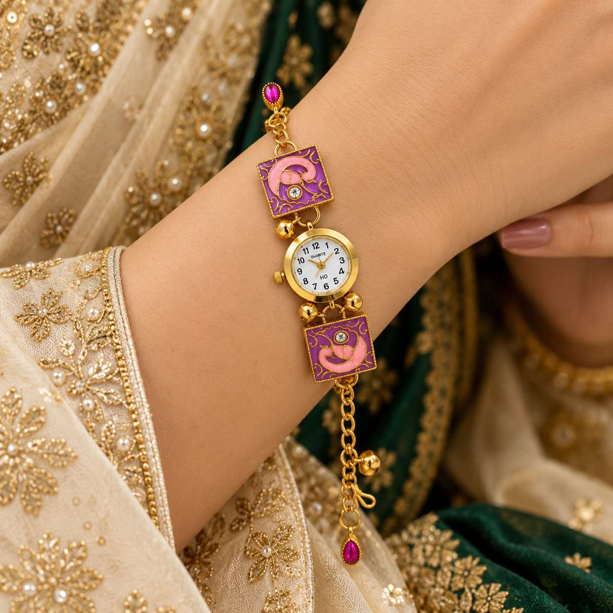 Women's Analog Quartz Decorative Ethnic Wrist Watch Gold Tone with Purple Pink Embellished Design