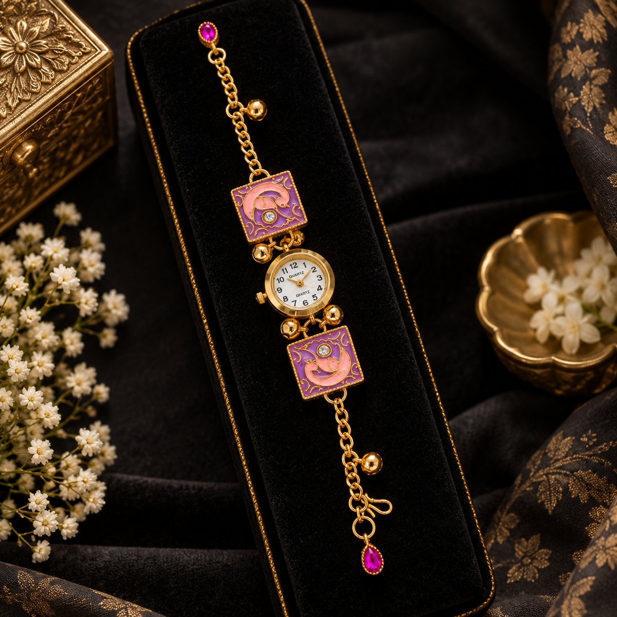 Women's Analog Quartz Decorative Ethnic Wrist Watch Gold Tone with Purple Pink Embellished Design