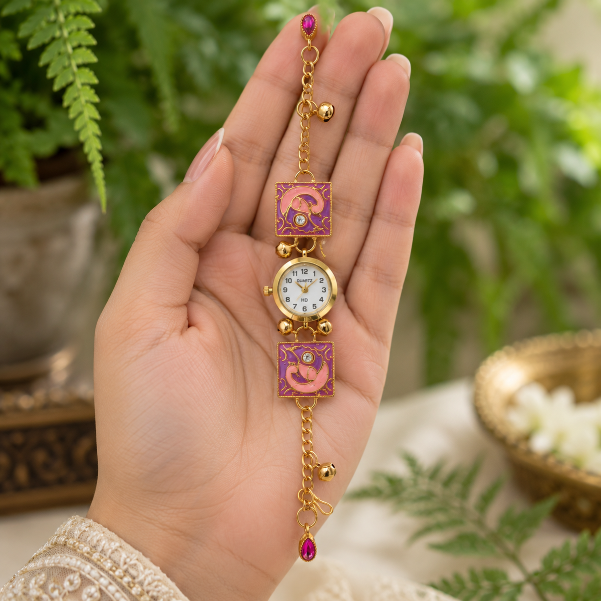 Women's Analog Quartz Decorative Ethnic Wrist Watch Gold Tone with Purple Pink Embellished Design