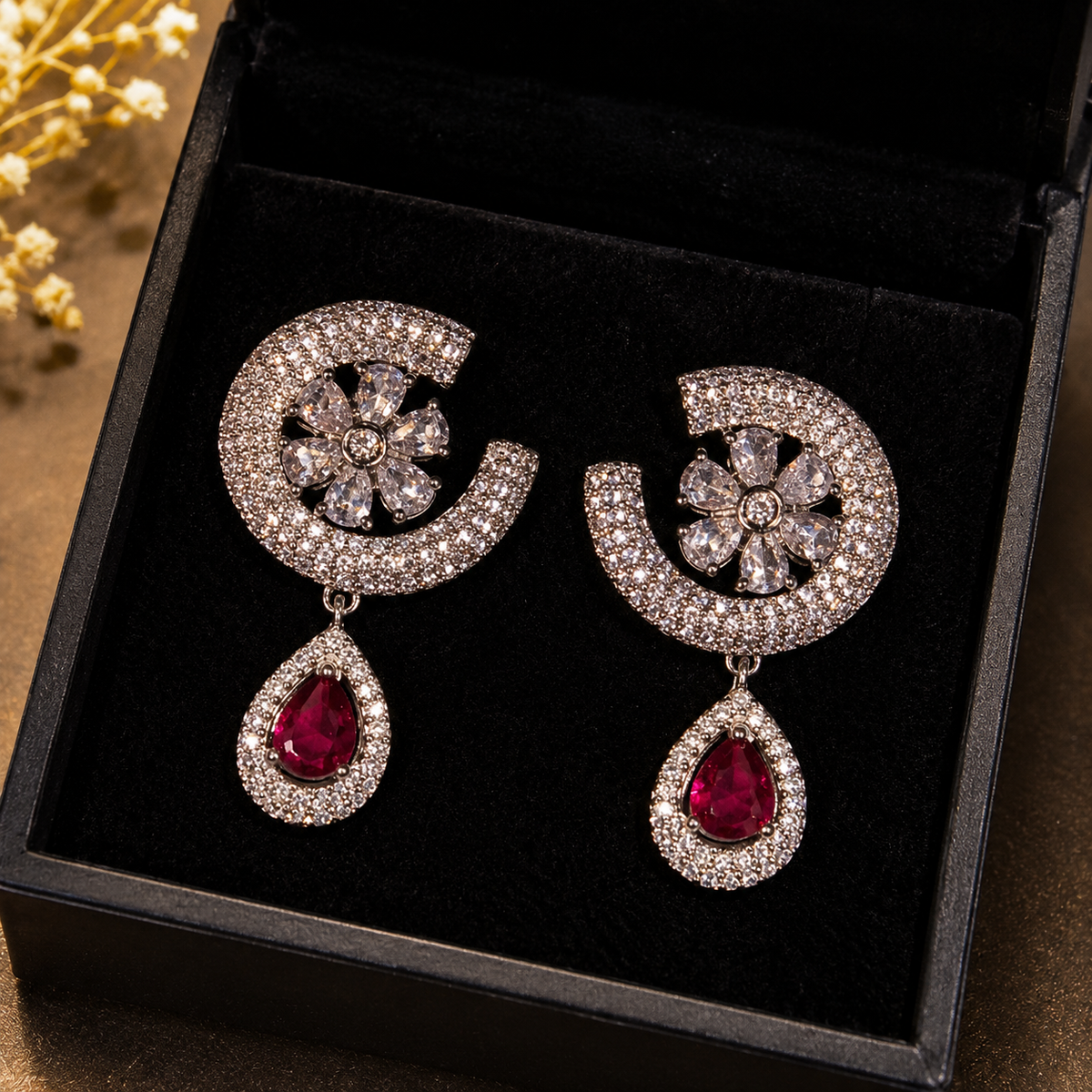Silver Tone Pink Floral Drop Earrings for Women | Crystal Studded Teardrop Earrings | Elegant Party Wear Jewellery