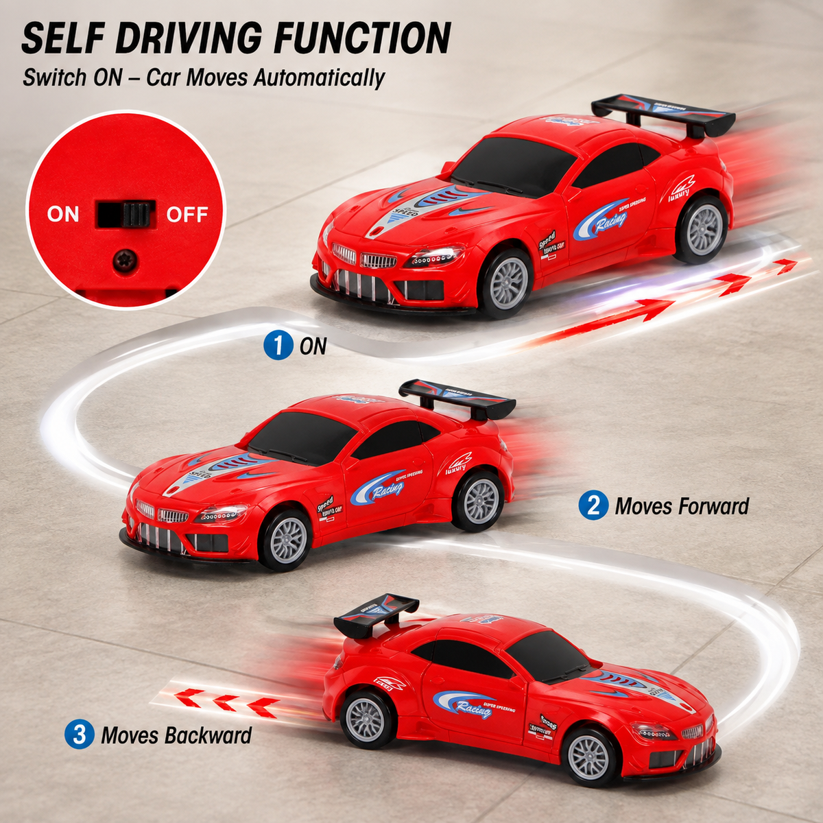 Bump and Go Car for Kids, 360° Rotating Battery Operated Sports Racing Toy Car with 3D LED Lights & Dynamic Music, Automatic Movement, Red