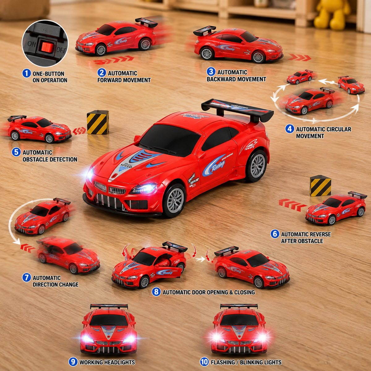 Bump and Go Car for Kids, 360° Rotating Battery Operated Sports Racing Toy Car with 3D LED Lights & Dynamic Music, Automatic Movement, Red