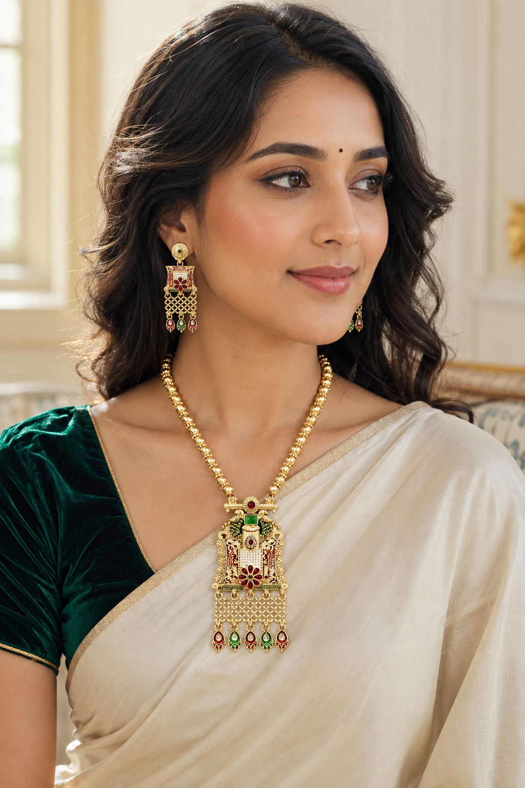 YLOCART Gold Tone Traditional Necklace and Earrings Set for Women | Multicolor Ethnic Bridal Jewellery Set