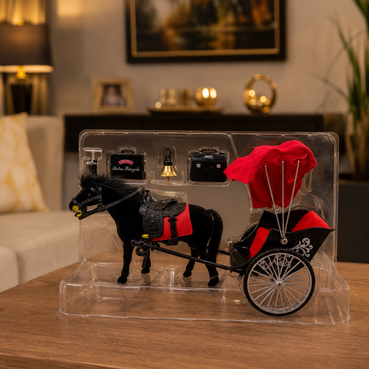 Horse Carriage Toy Playset with Black Horse, Red Canopy Cart & Accessories, Pretend Play Animal Vehicle Set for Kids, Boys & Girls, Birthday Gift