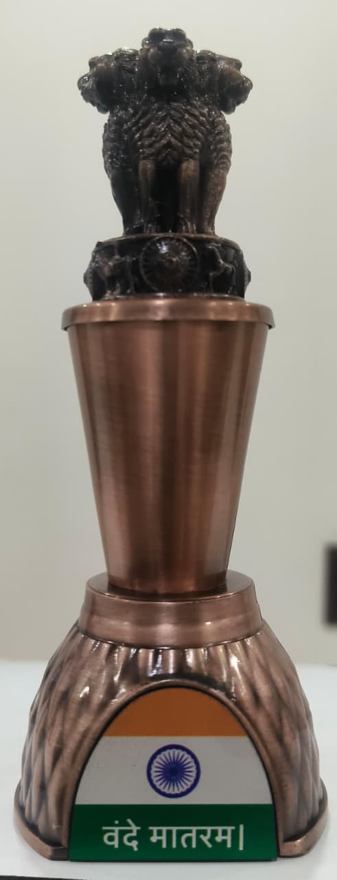 Indian Ashoka Lion Capital Statue with Copper Finish, Vande Mataram Plaque & Tricolor Design, Decorative Desk Tabletop Showpiece