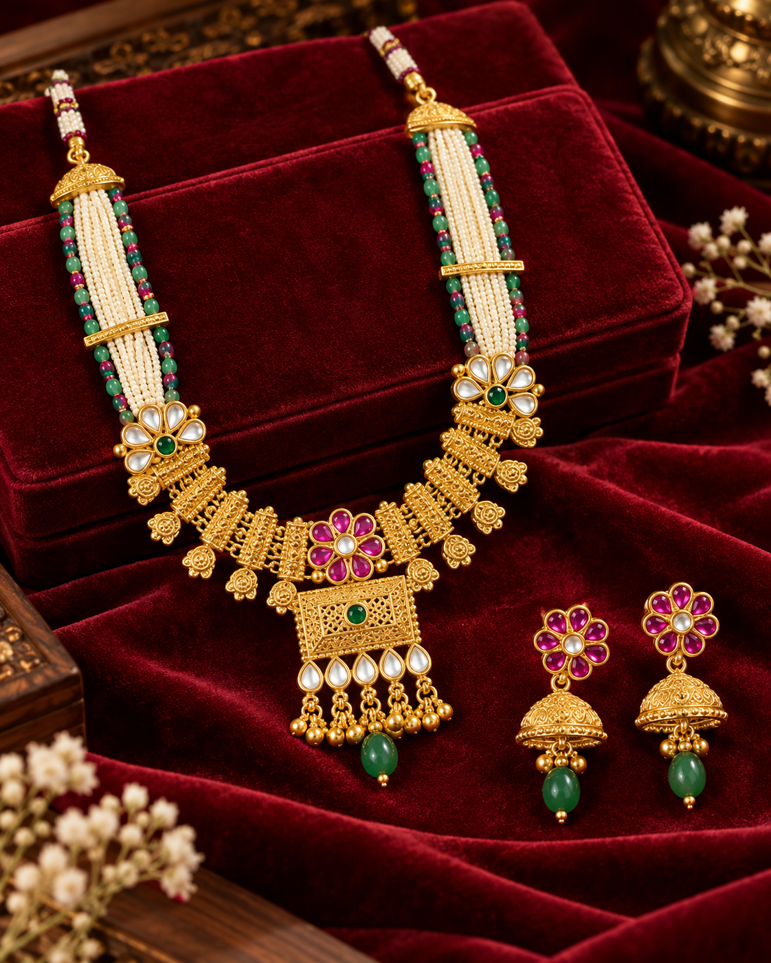 Traditional Pearl Necklace Set with Green Pink Stones and Jhumka Earrings for Women
