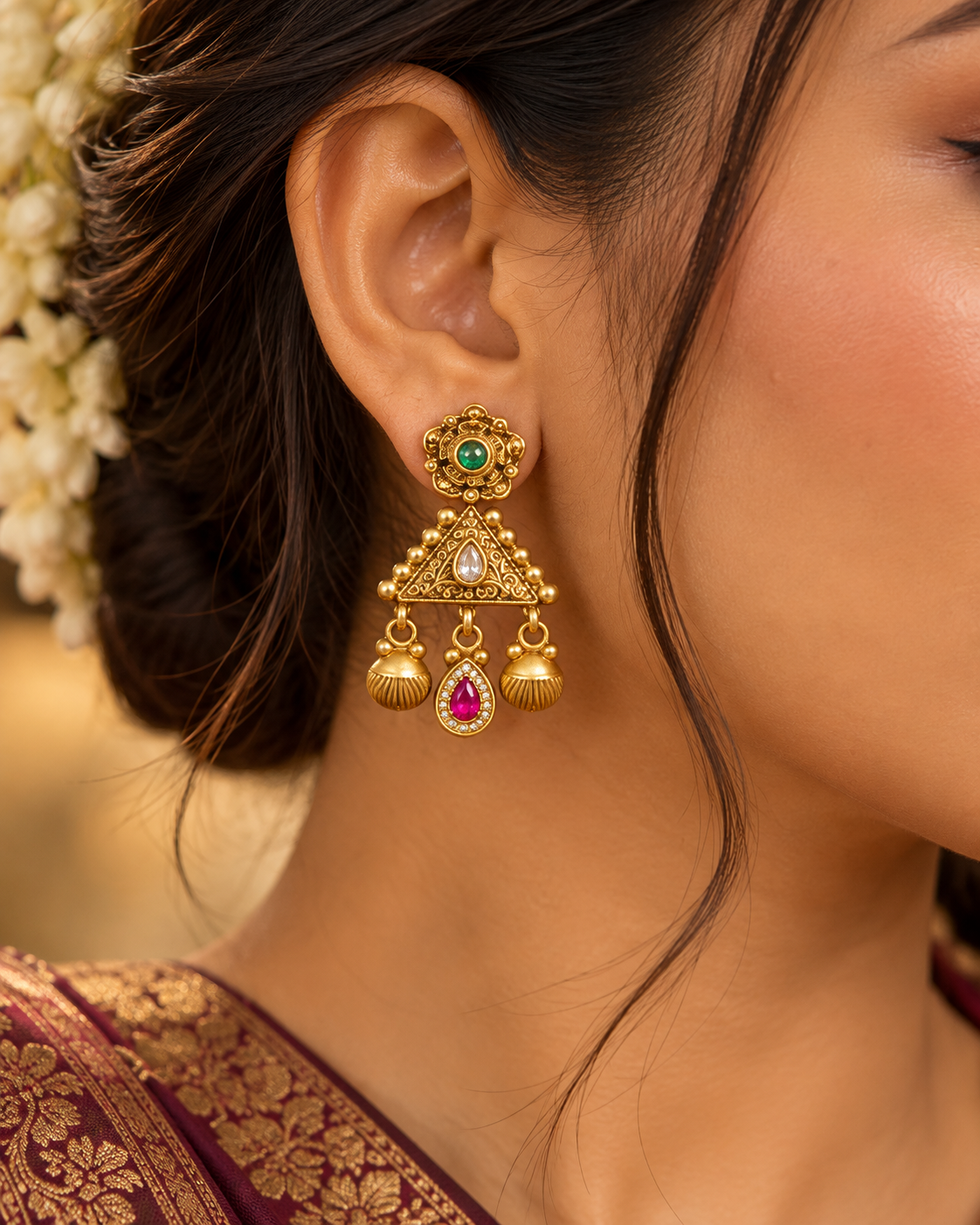 Women’s Traditional Gold Tone Pink & Green Stone Necklace Set with Matching Earrings | YLOCART