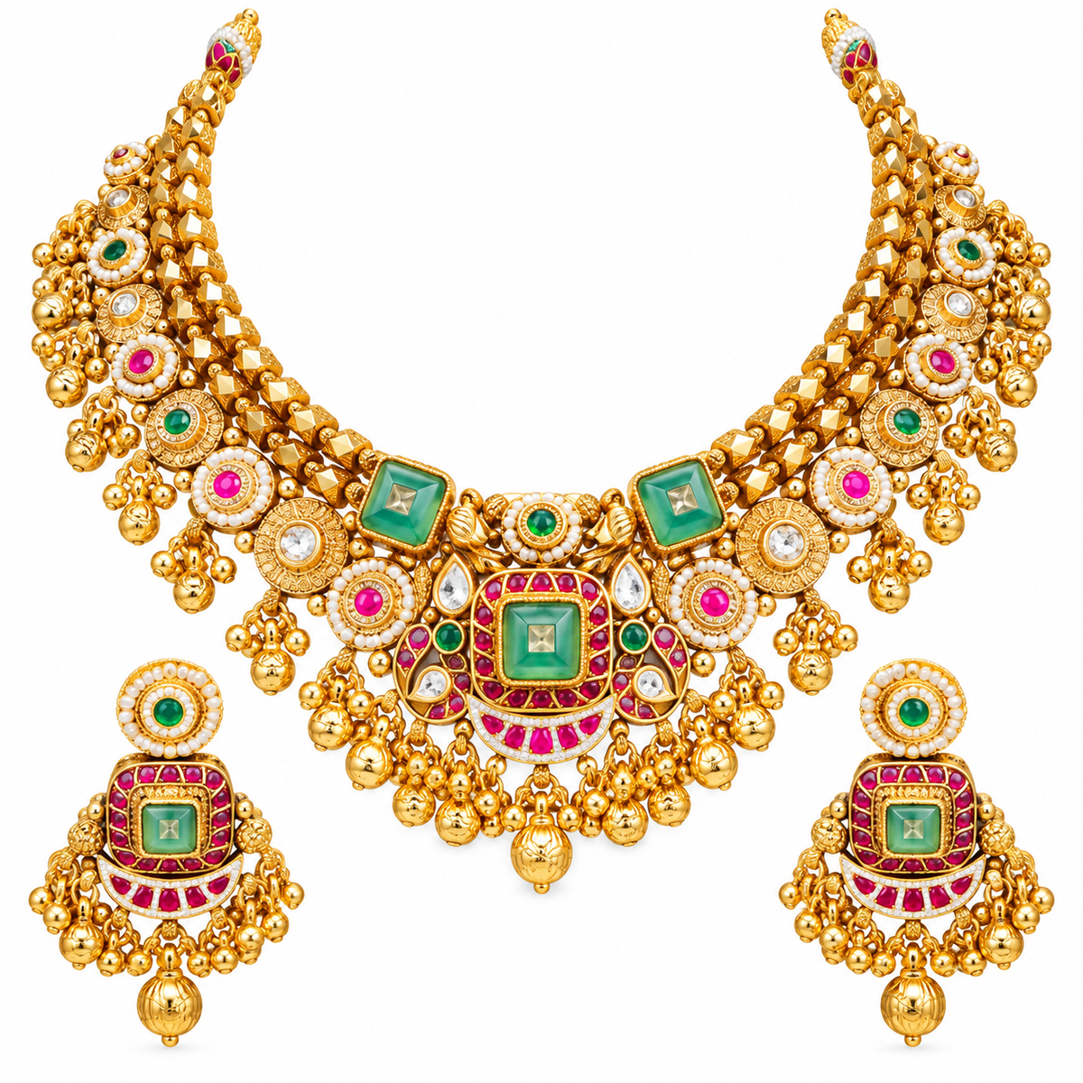 Heavy Traditional Gold Tone Necklace Set with Green Pink Stones and Matching Earrings for Women