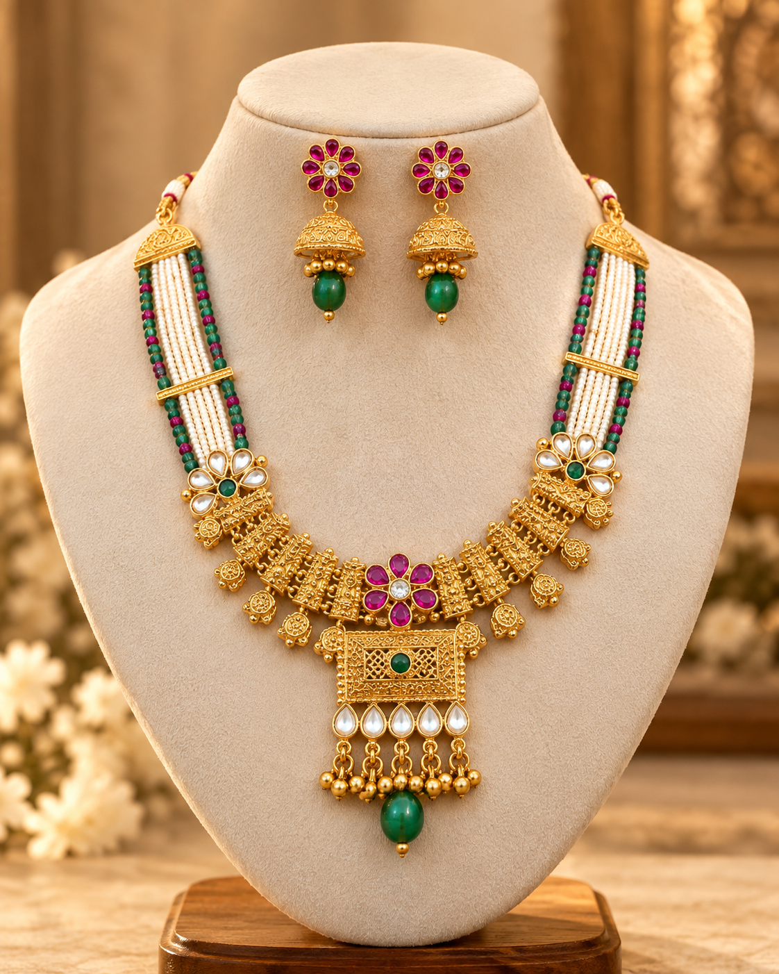 Traditional Pearl Necklace Set with Green Pink Stones and Jhumka Earrings for Women