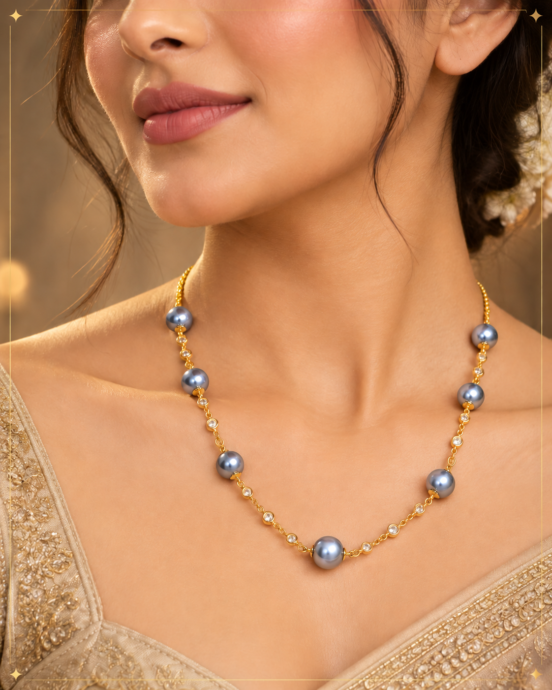 Women’s Gold Plated Grey Pearl & Crystal Necklace Set with Matching Earrings