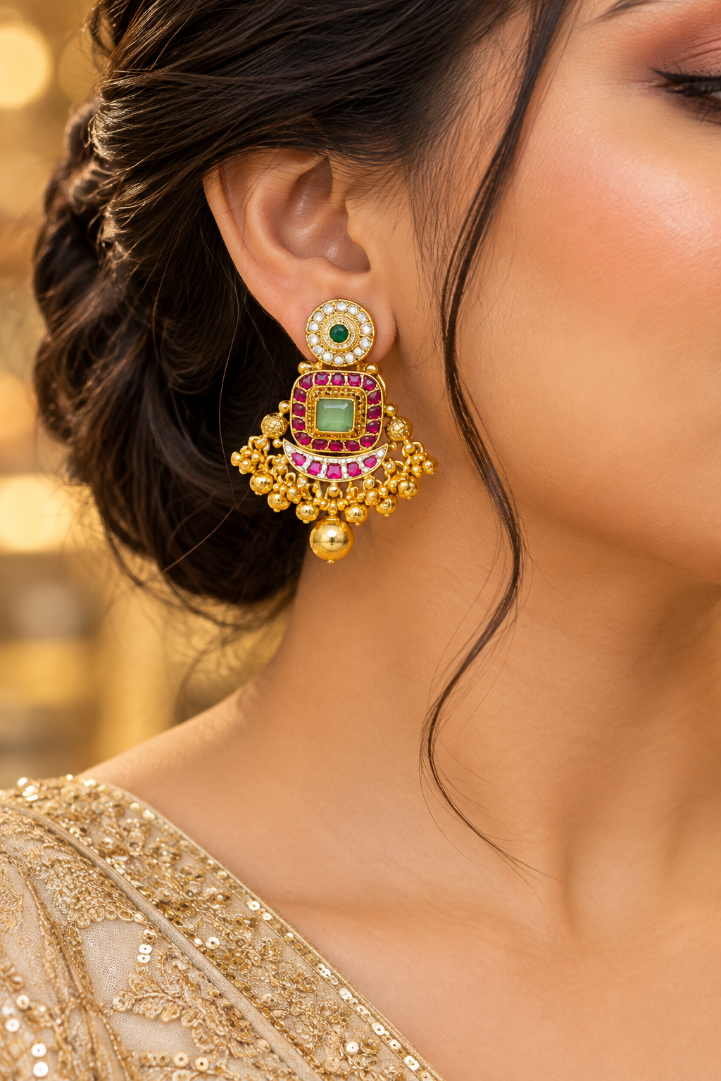 Heavy Traditional Gold Tone Necklace Set with Green Pink Stones and Matching Earrings for Women