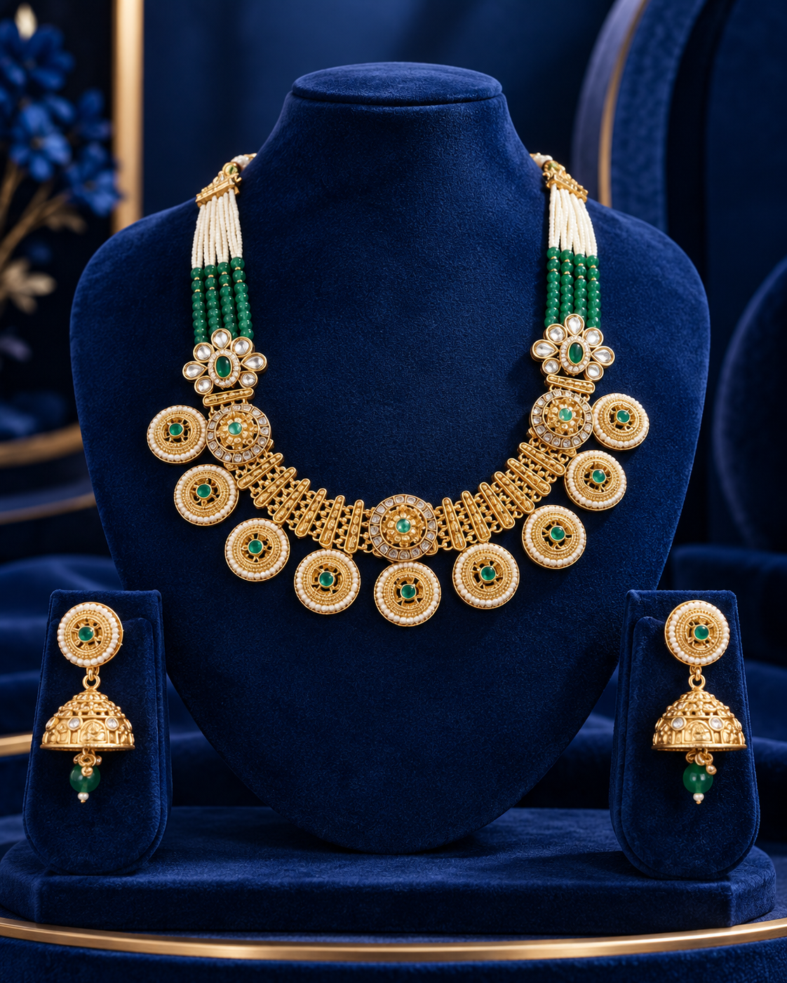 Traditional Gold Plated Green Stone Pearl Necklace Set with Matching Earrings