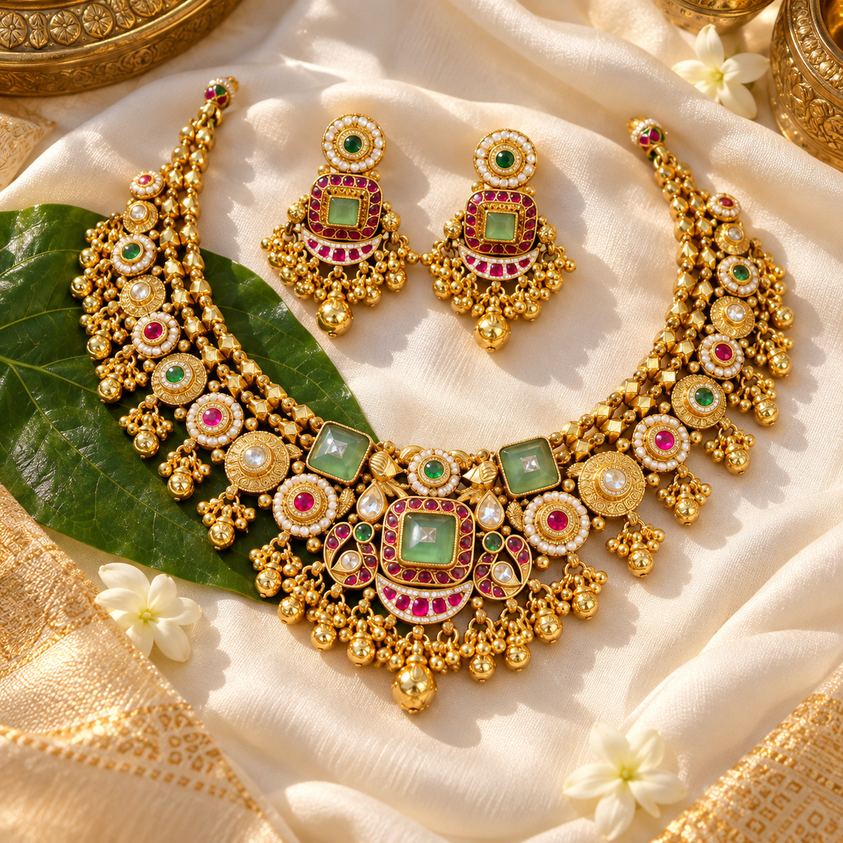 Heavy Traditional Gold Tone Necklace Set with Green Pink Stones and Matching Earrings for Women