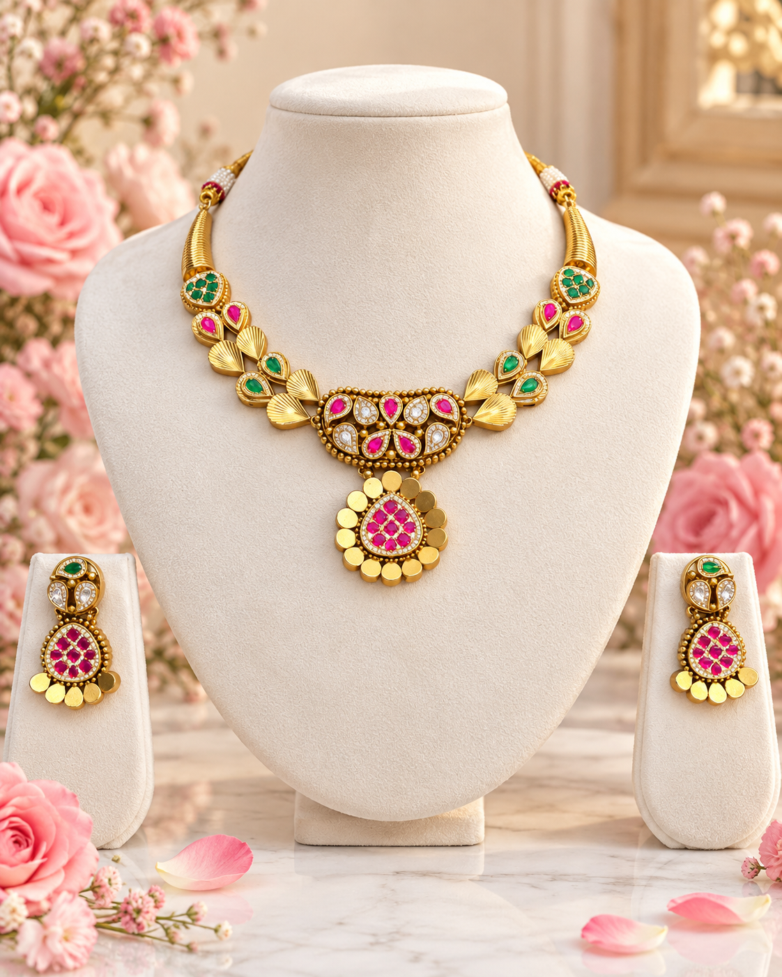 Women’s Gold Plated Pink & Green Stone Necklace Set with Matching Earrings | YLOCART