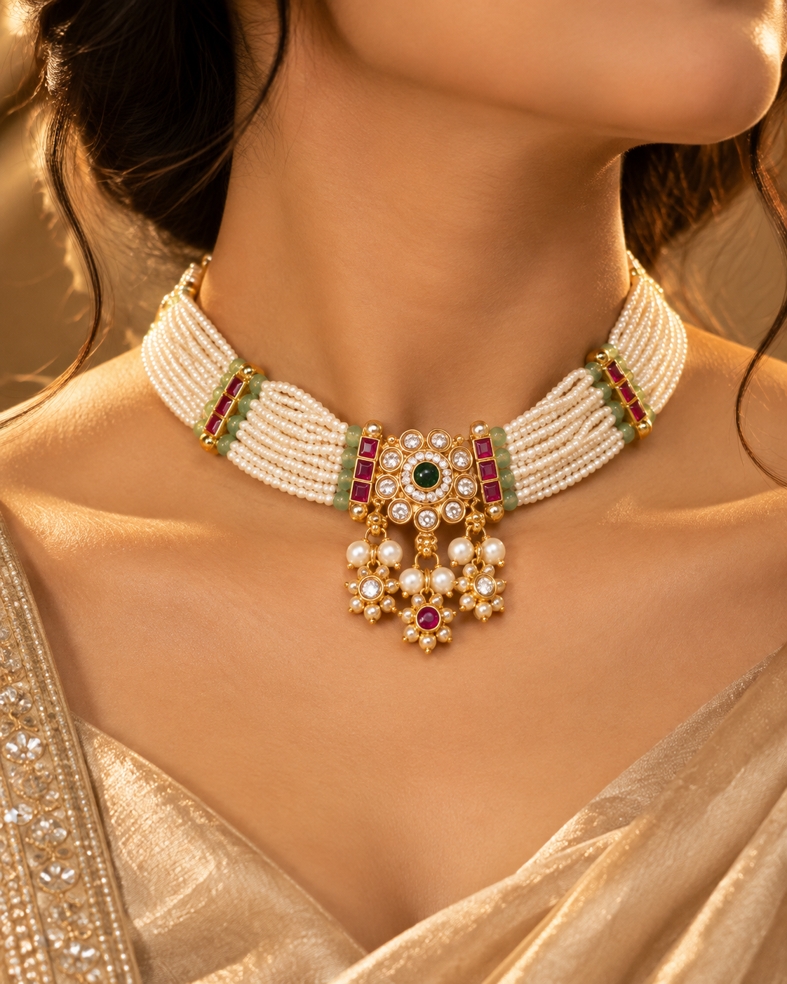 Traditional Gold Plated Pearl Necklace Set with Green and Pink Stones for Women
