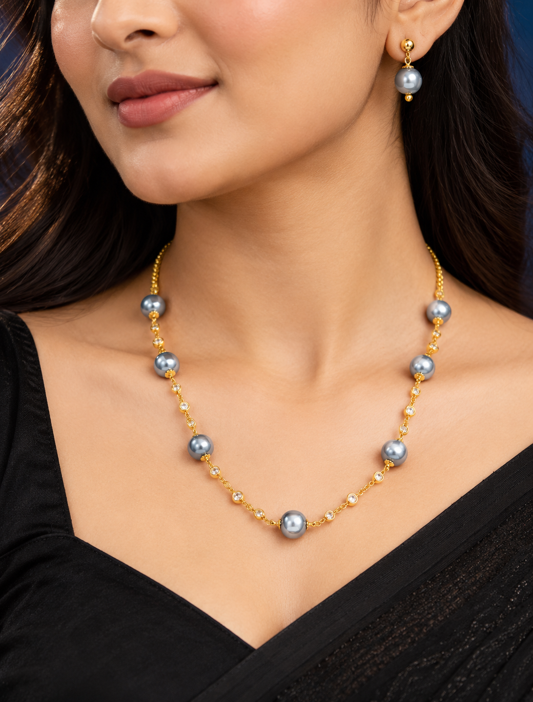 Women’s Gold Plated Grey Pearl & Crystal Necklace Set with Matching Earrings