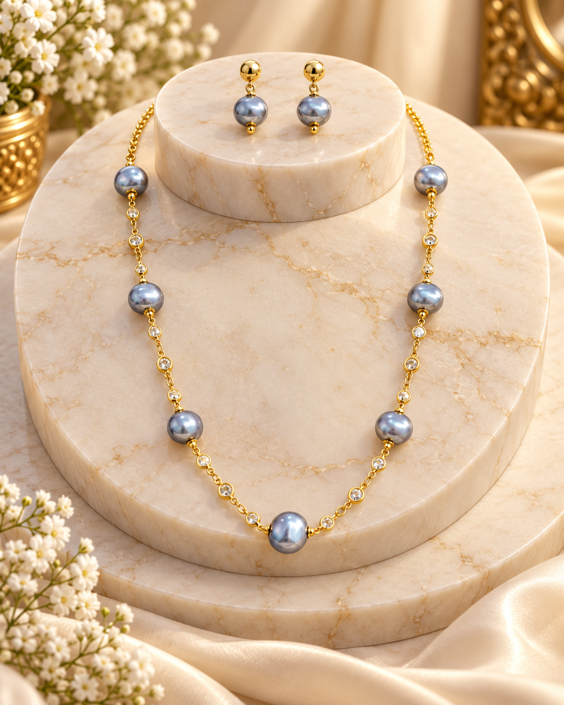 Women’s Gold Plated Grey Pearl & Crystal Necklace Set with Matching Earrings