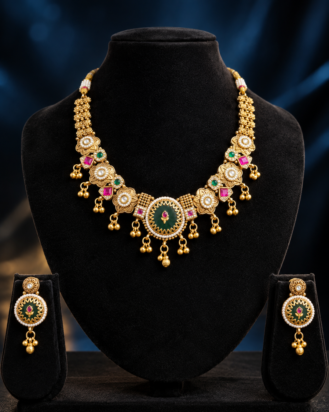 Women’s Traditional Gold Plated Green & Pink Stone Necklace Set with Matching Earrings | YLOCART
