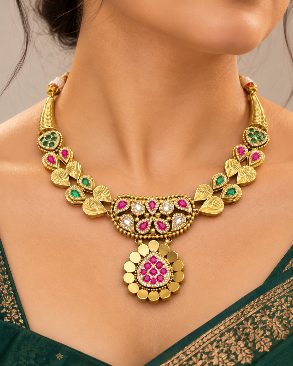 Women’s Gold Plated Pink & Green Stone Necklace Set with Matching Earrings | YLOCART