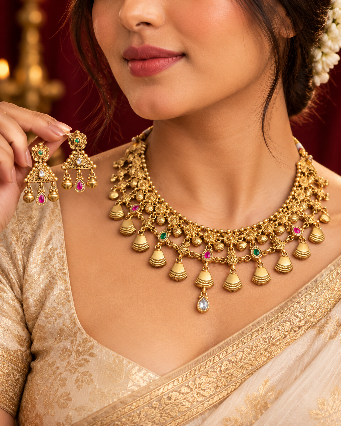Women’s Traditional Gold Tone Pink & Green Stone Necklace Set with Matching Earrings | YLOCART