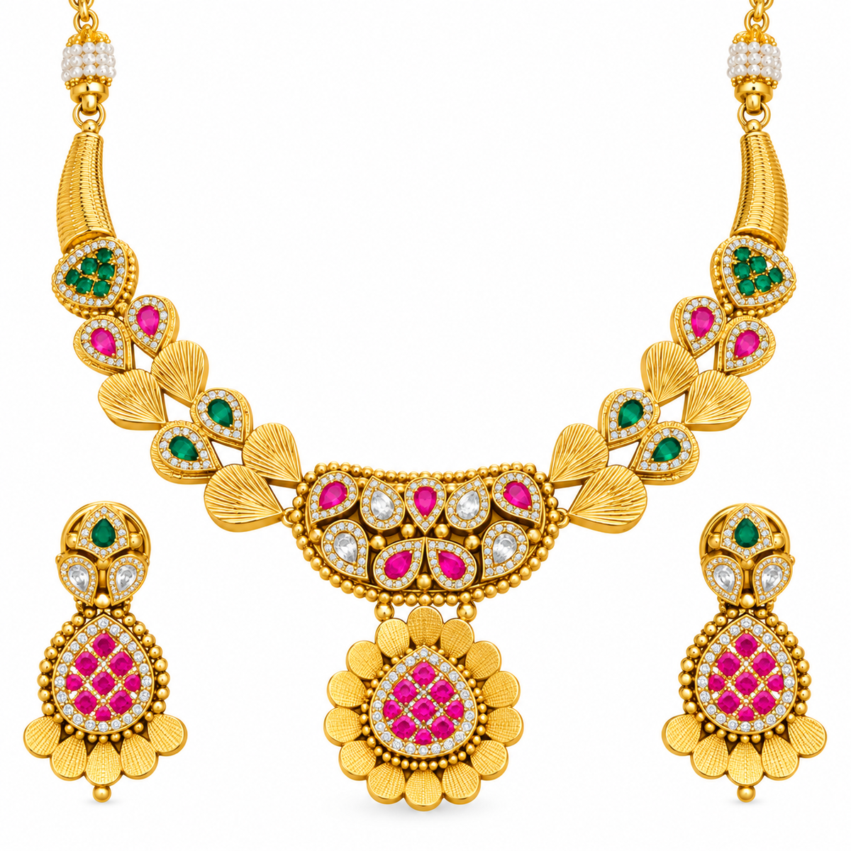 Women’s Gold Plated Pink & Green Stone Necklace Set with Matching Earrings | YLOCART
