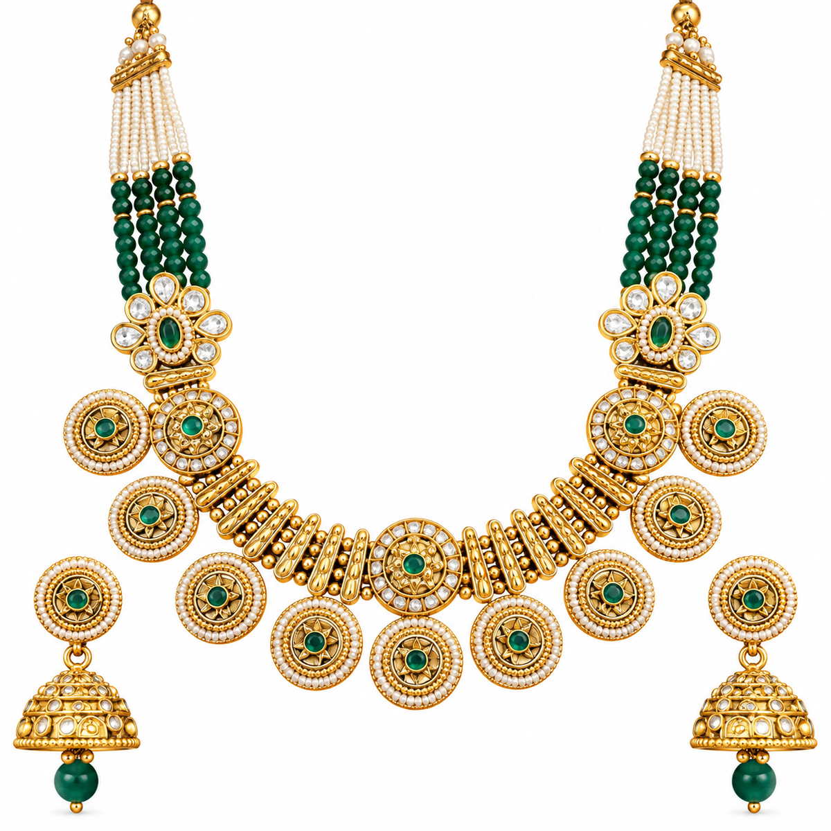 Traditional Gold Plated Green Stone Pearl Necklace Set with Matching Earrings