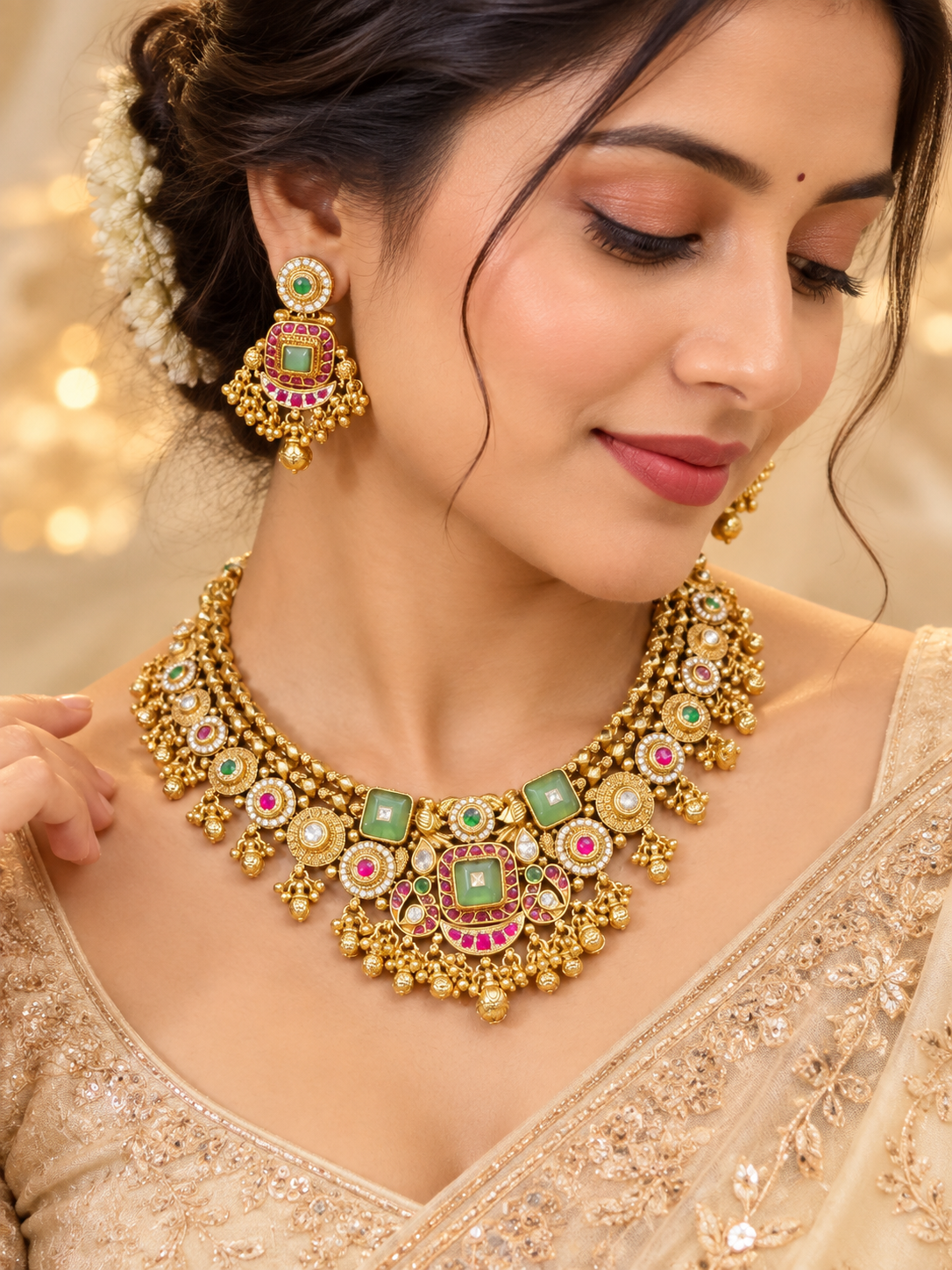 Heavy Traditional Gold Tone Necklace Set with Green Pink Stones and Matching Earrings for Women