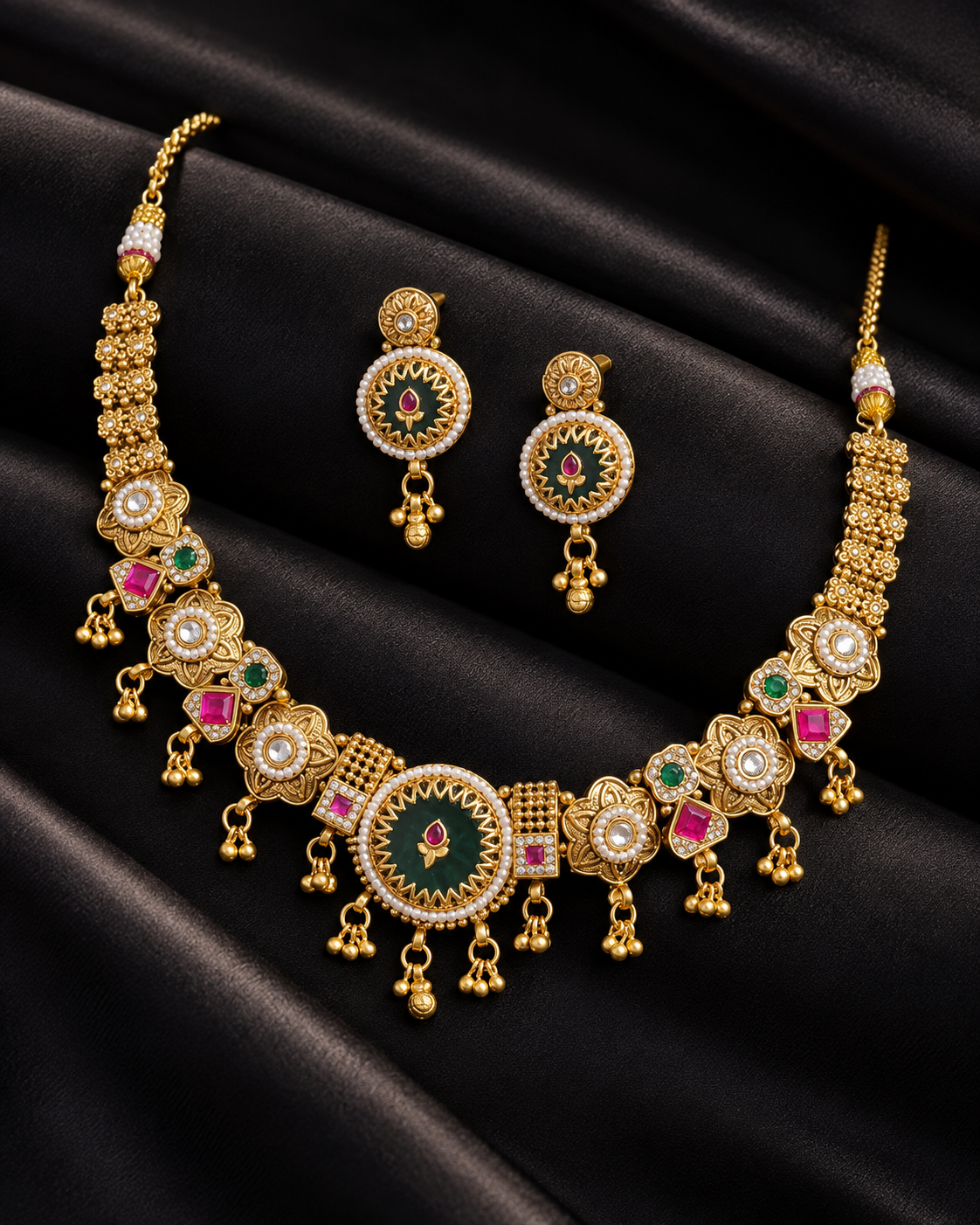 Women’s Traditional Gold Plated Green & Pink Stone Necklace Set with Matching Earrings | YLOCART