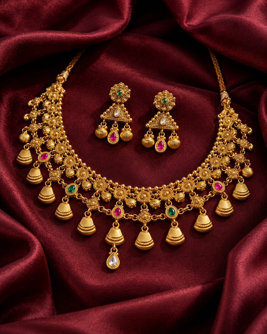 Women’s Traditional Gold Tone Pink & Green Stone Necklace Set with Matching Earrings | YLOCART