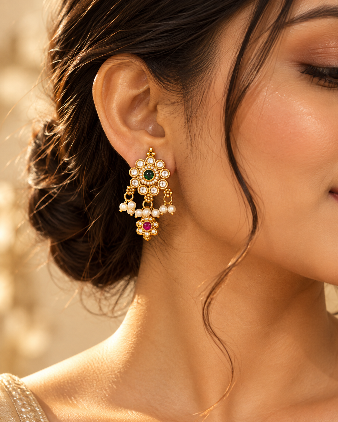 Traditional Gold Plated Pearl Necklace Set with Green and Pink Stones for Women