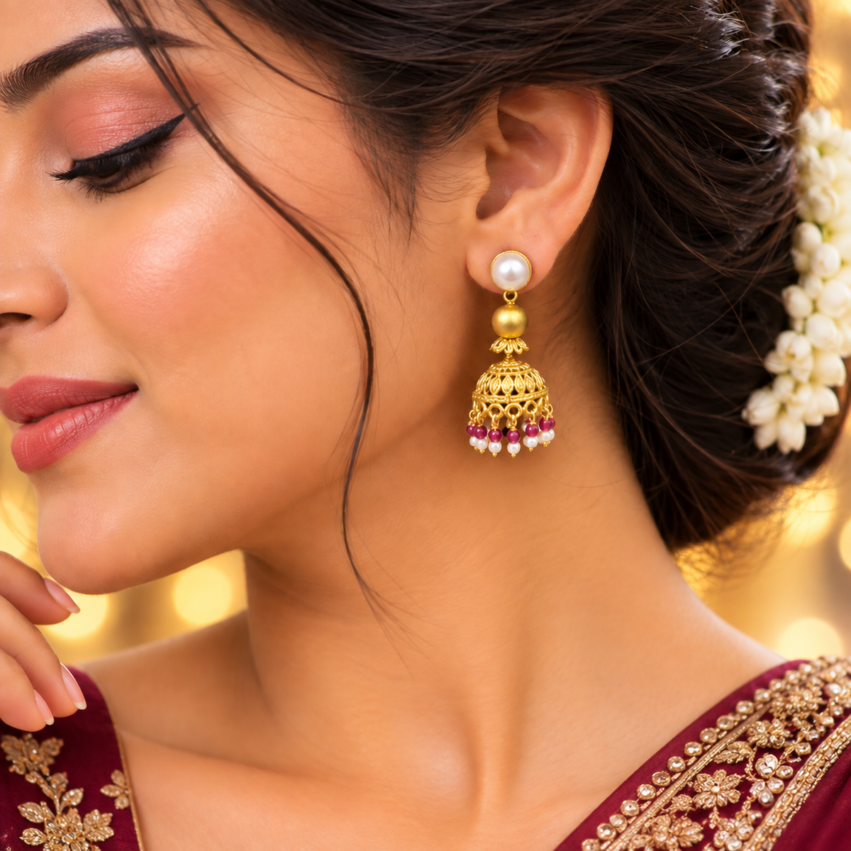 Traditional Long Beaded Necklace Set with Pearl Beads and Matching Jhumka Earrings for Women