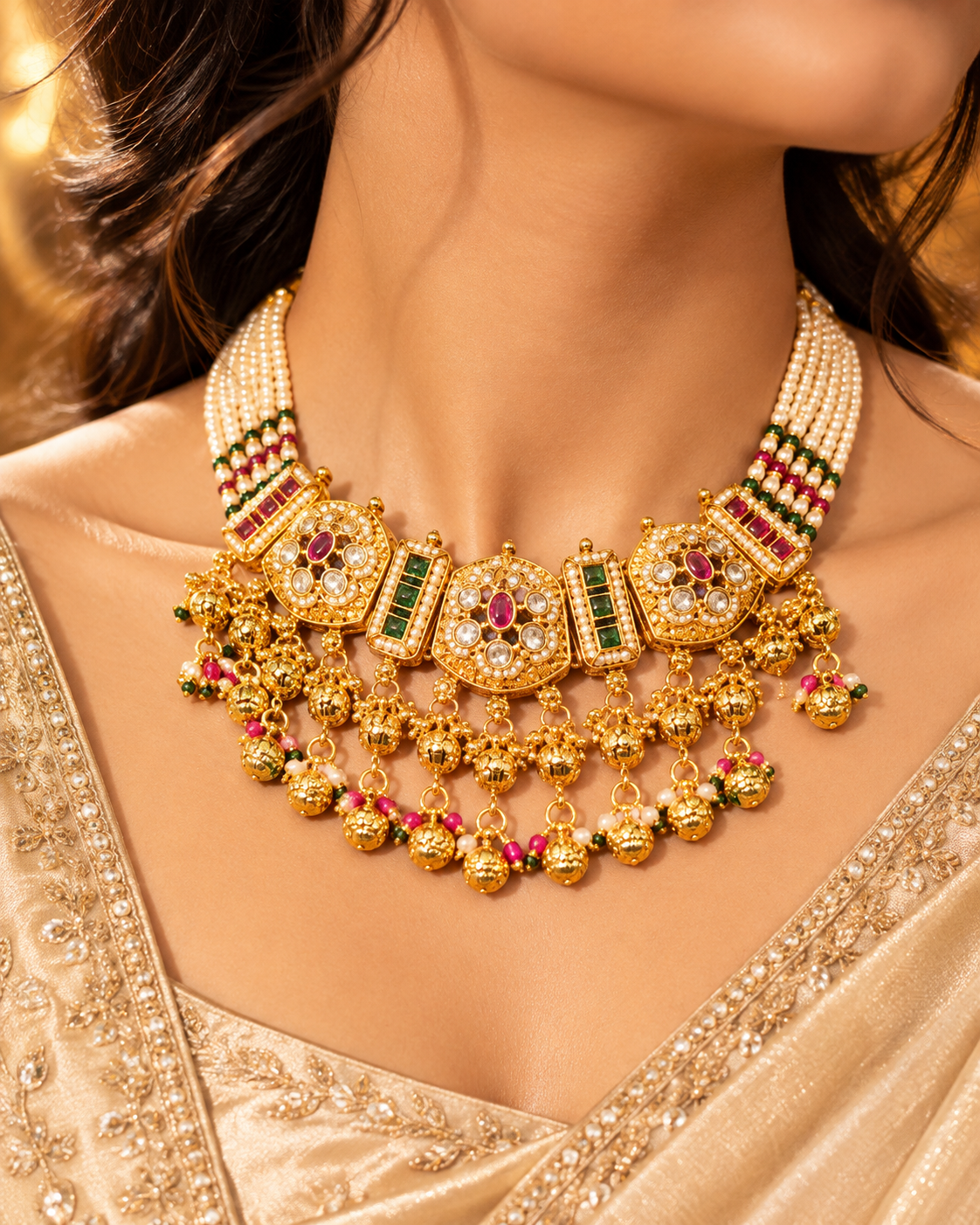 Traditional Gold Tone Pearl Necklace Set with Green and Ruby Pink Stones for Women