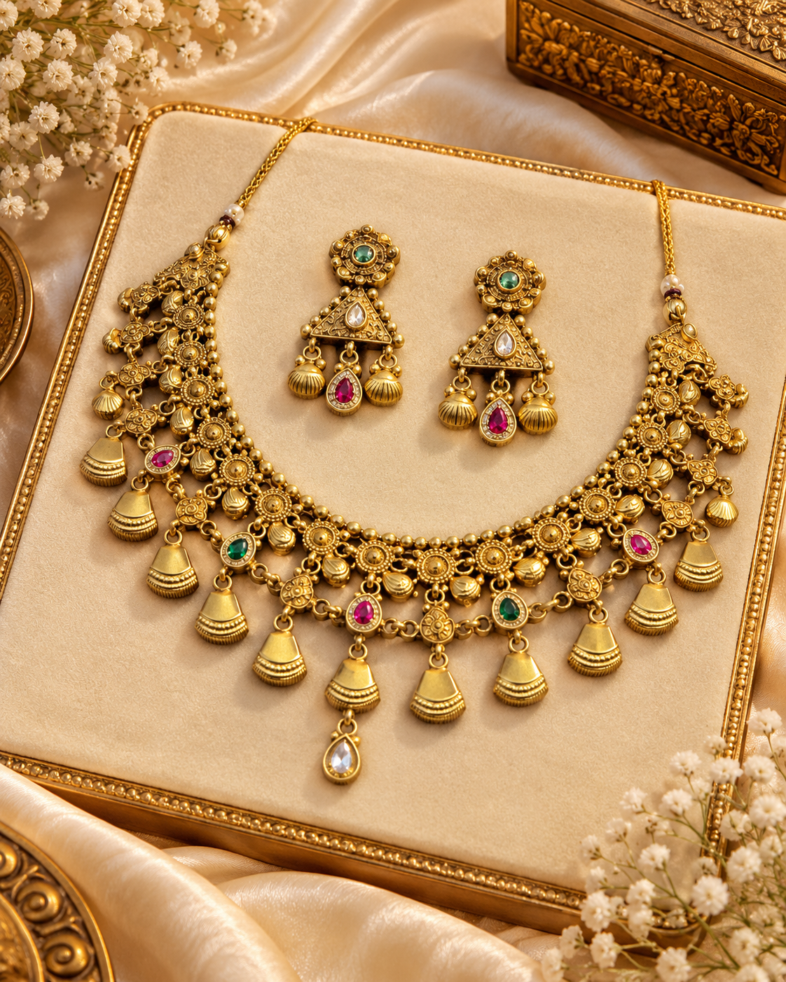 Women’s Traditional Gold Tone Pink & Green Stone Necklace Set with Matching Earrings | YLOCART