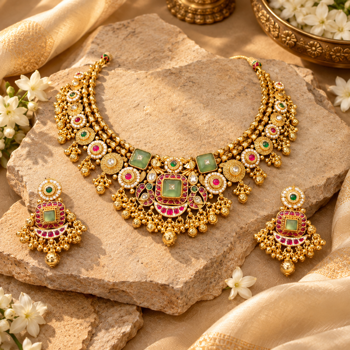 Heavy Traditional Gold Tone Necklace Set with Green Pink Stones and Matching Earrings for Women