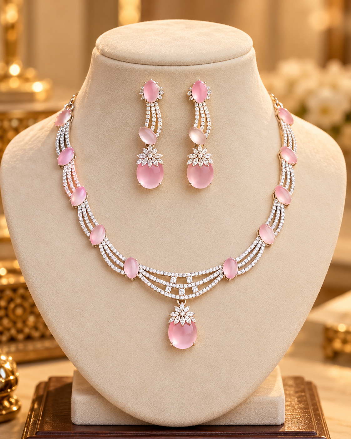 Women’s Silver Tone Pink Stone Necklace Set with Matching Earrings | YLOCART