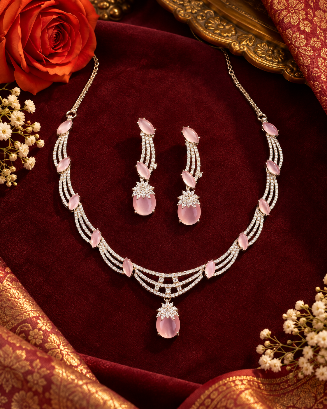 Women’s Silver Tone Pink Stone Necklace Set with Matching Earrings | YLOCART
